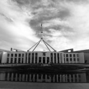 Black and white photo of Parliament House in Canberra